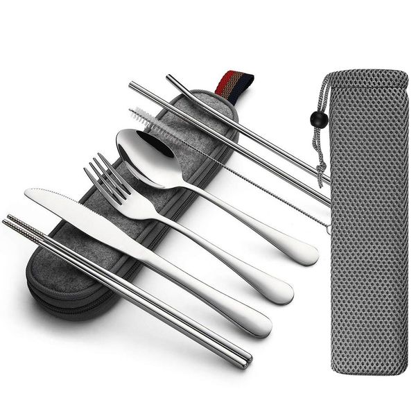 

reusable silverware with metal straw spoon fork chopsticks drinking straws dinnerware set travel camping cutlery set