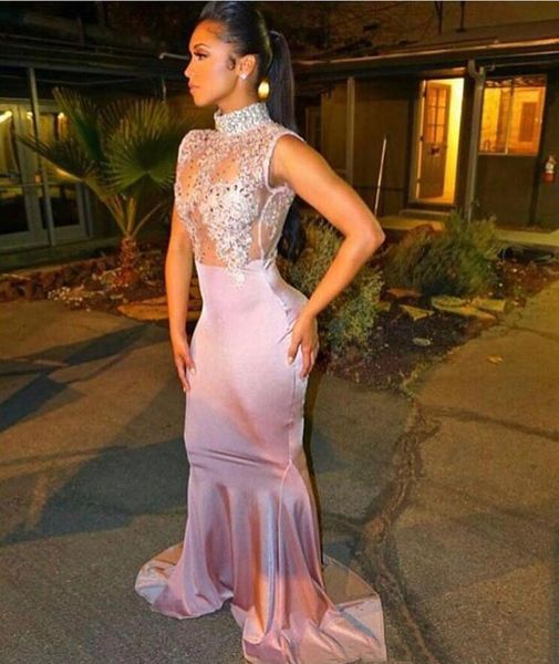 

2019 mermaid prom dress with blink sequins sheer high neck long evening dress formal gown, Black