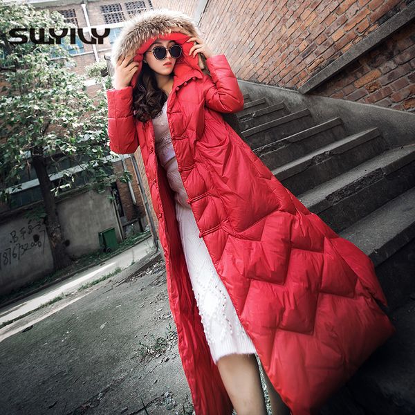 

swyivy women down coats white duck down hooded 2018 winter new female fur collar warm winter coat x-long design woman coats, Black