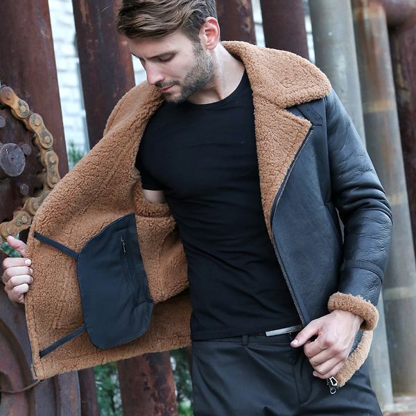 

natural wool jacket men sheep shearing real leather jacket real fur coat winter men jaqueta de couro ll1805-1 yy1149, Black