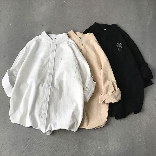 

men's casual shirts white men shirt half sleeve korean style baggy male blouse solid collarless cotton vintage, White;black