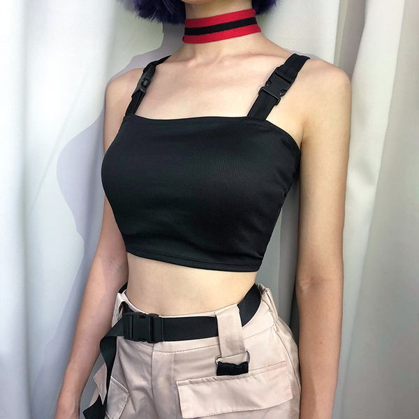 

waatfaak black crop buckle straps bodycon sleeveless tank women cami shirt summer bralette short wrapped club, White