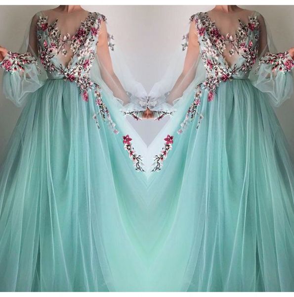 Mint Tulle A Line Prom Dresses Maniche lunghe trasparenti 3D Ricamo floreale Applique in pizzo Abiti da sera formali con perline BC2916