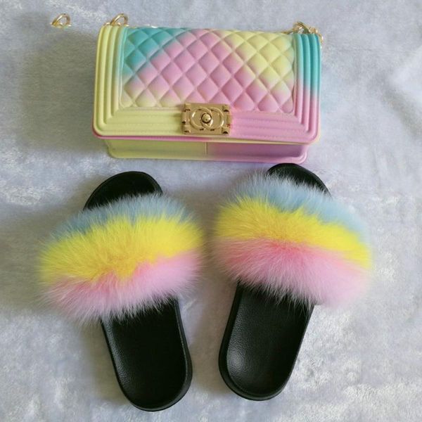 

women's sandals summer fur slippers jelly bag shoes ladies 2020 sets fur sandal slippers cute fluffy slides women hococal fashion