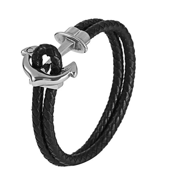 

new style titanium steel weave leather bracelet leather rope stainless steel retro casting boat anchor hook b, Silver