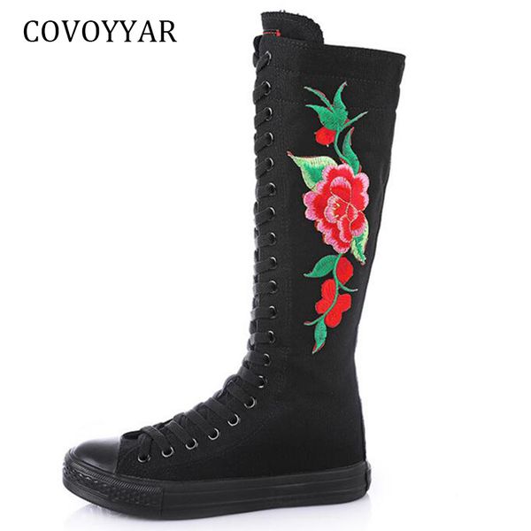 

covoyyar new 2019 knee high boots women canvas shoes fashion embroidered platform women boots slim lace up dance shoes wbs923, Black