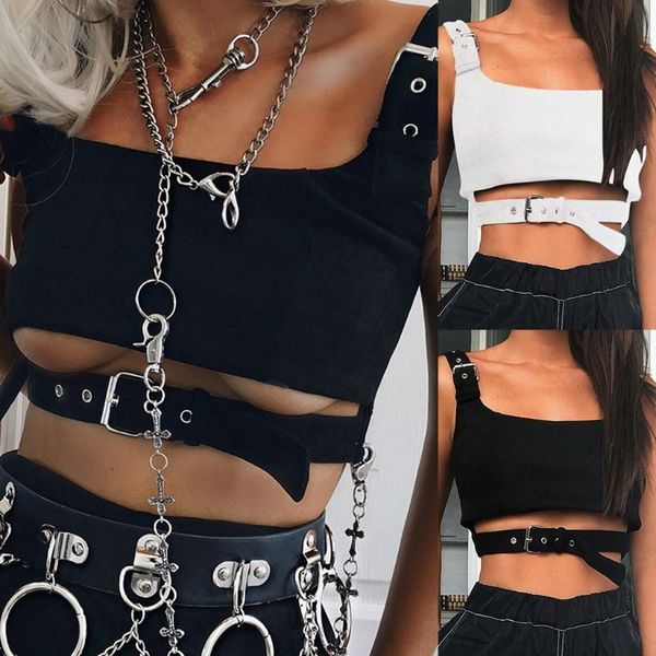 

women solid sleeveless overlap cross sling crop tank vest irregular hollow eyelet short crop mujer summer women, White