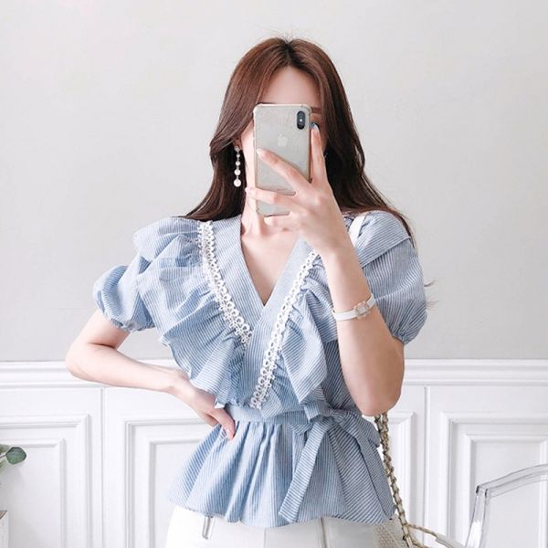 

new women short puff sleeve blue striped blouse elegant office ladies workwear chic v-neck lace patchwork belt shirt blouse, White