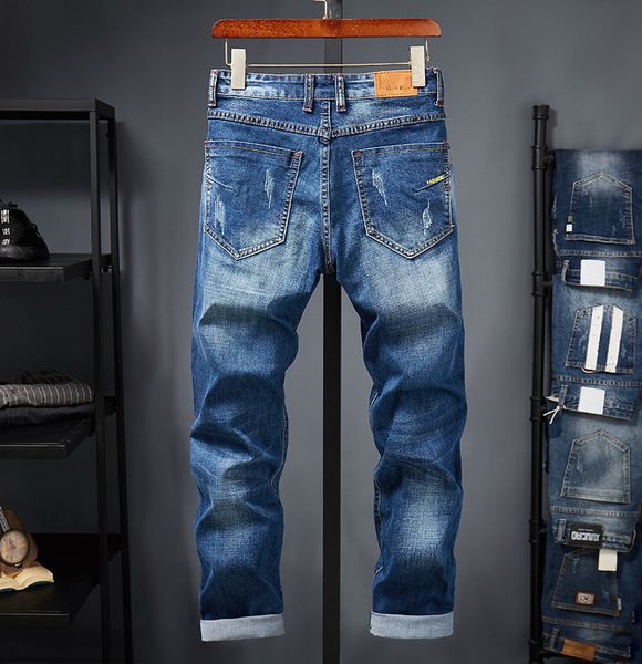 

brand jeans men 2019 new fashion casual slim fit ruched denim pants trousers homme jeans designer men, Blue