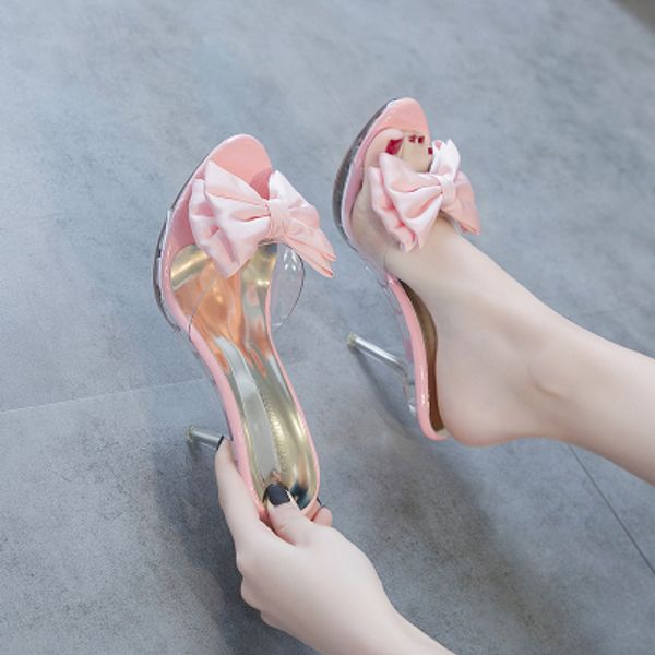 

high-heeled slippers women summer fashion thin transparent crystal waterproof platform bow-shaped fish-shaped women sandals, Black
