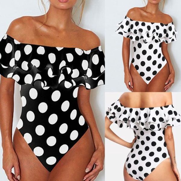 

off shoulder polka dot one piece bathing suit ruffled vintage swimsuit women monokini retro high waist bandeau swimwear bodysuit, White;black