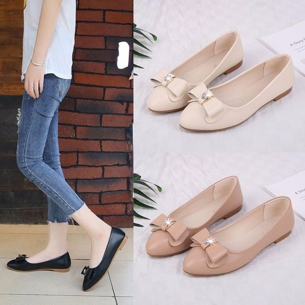 

fashion comfortable leather women shoes woman pointed toe loafers shoes slip on soft pu bow knot ballet casual flats shoe, Black