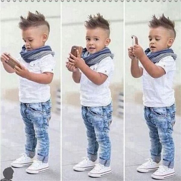 

2018 baby boy clothes cotton baby clothes t-shirt+jeans trousers+scarf winter children clothing suit tracksuit for 2-7t toddlers, White