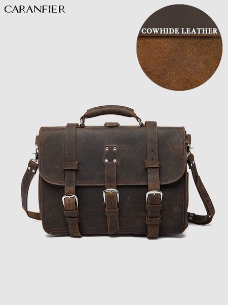 

caranfier mens briefcases bags vintage genuine cowhide leather shoulder messenger bags crazy horse business computer handbags