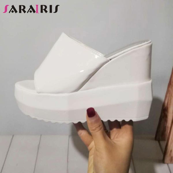 

sarairis cool outdoor high platform slides women 2020 summer dating party slippers ladies unique super high wedges shoes, Black