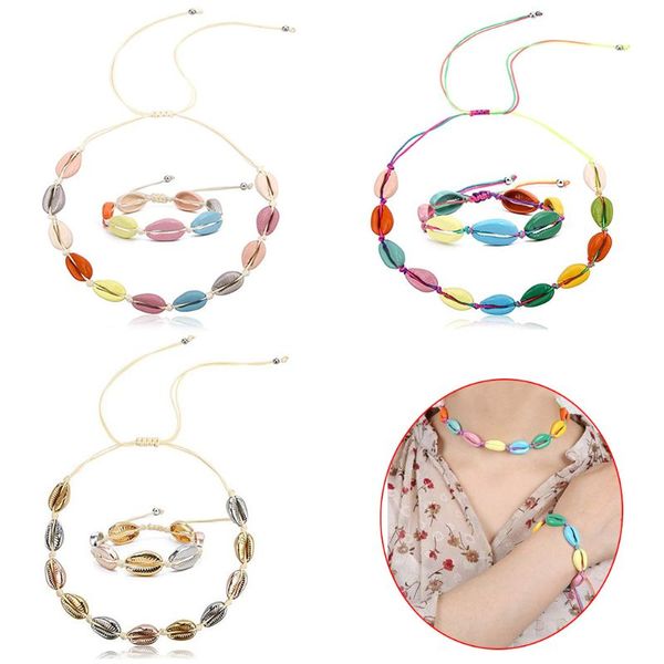 

1 set beach wind color shell necklace bracelet set simple fashion women neck chain bracelets girls jewelry, Silver