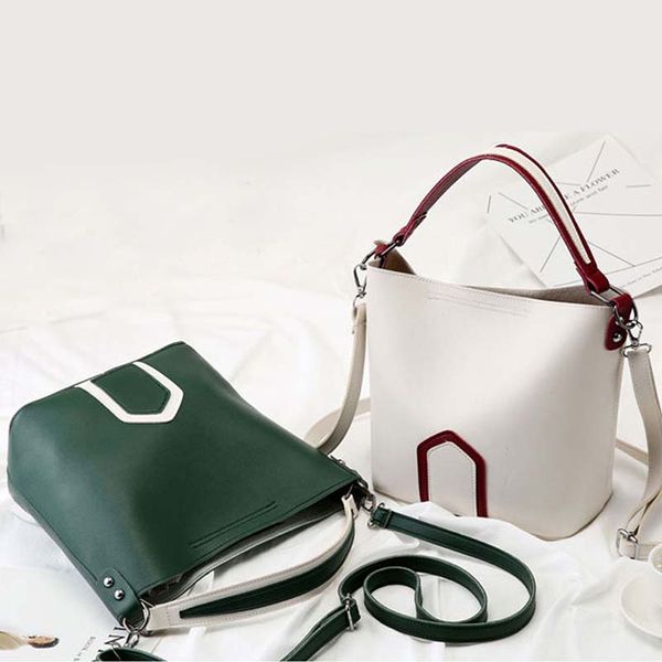 

women patchwork shoulder bag for women fashion concise casual adjust straps handbags bucket shape leather crossbody bag