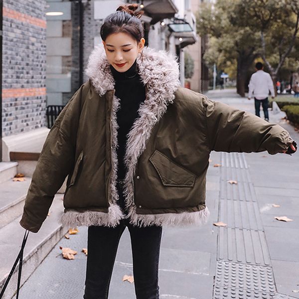 

lamb wool jacket splice down cotton clothes women thick loose fashion winter coat female plus size hat hooded female s367, Black