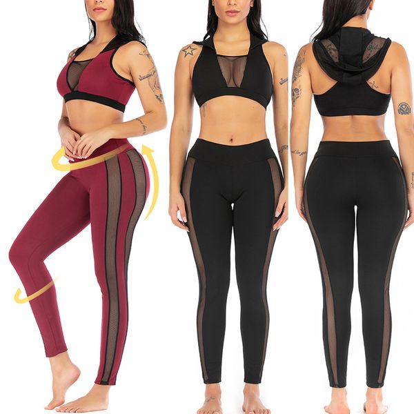 

women's tights sports suit fitness bra pants running clothing yoga sets hoodies crop with mesh yoga leggings sportswear, Black;blue