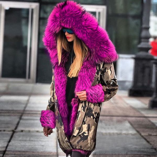 

2020 camouflage winter jacket women outwear thick natural fur collar coat womens coats winter, Black