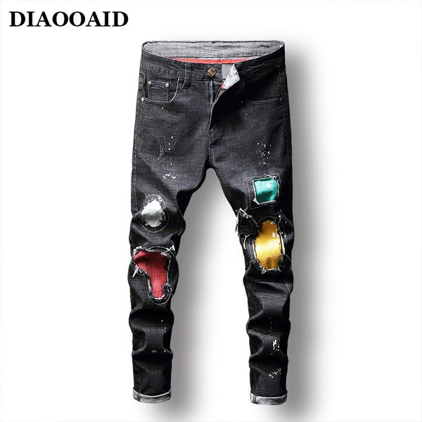

diaooaid 2018 new men's fashion patch hole ripped jeans slim straight washed denim pants hiphop personality long trousers, Blue