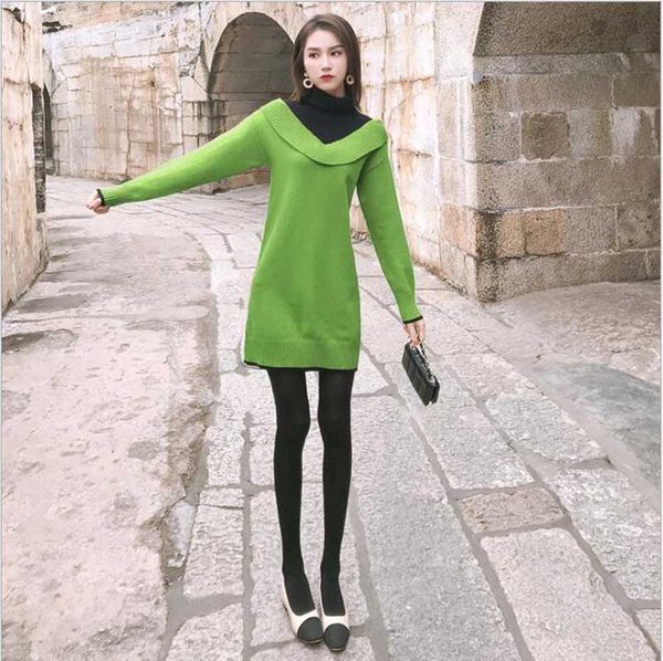 

2019 осенью и зима новая корейская версия средней и длинной пуловер свитер юбки женской водолазки ленивого ветер плюс бархат базового свитер, Black