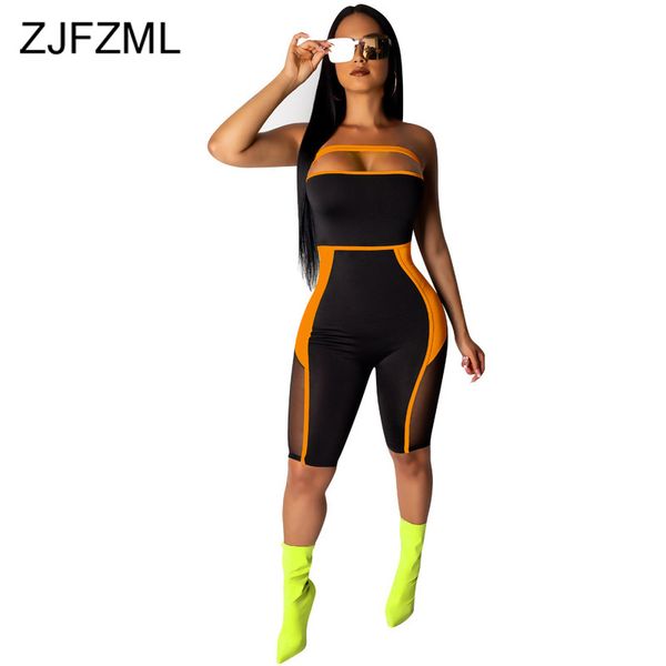 

neon mesh splicing bodycon playsuit women off shoulder backless skinny overall streetwear strapless short rompers jumpsuit, Black;white