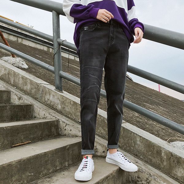 

spring men classic joggers jeans full length mid elastic waist solid black skinny unway slim racer biker jeans pants for men, Blue