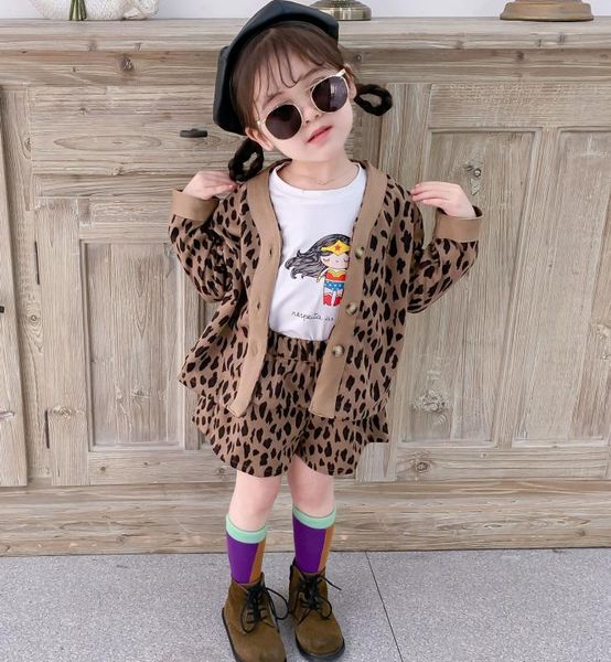 

набор из двух частей девушки наряды леопардовый принт с длинным рукавом пальто + шорты набор однобортных пуговиц детская одежда от 2 до 8 ле, White