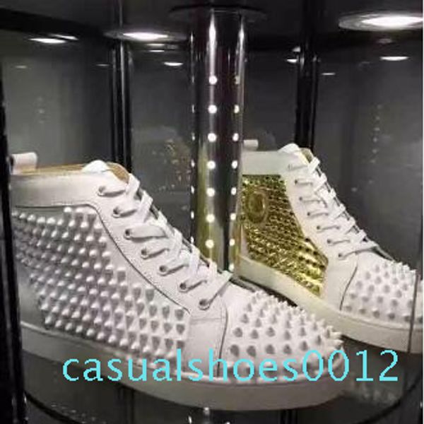 

2018 men shoes red bottom sneakers luxury party wedding shoes,genuine leather louisfalt spikes lace-up casual shoes white in 12c, Black