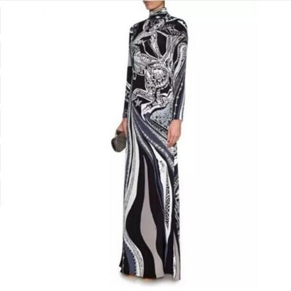 

spring luxury brands jersey silk long dress women's vintage blue baroque print spandex stretchable signature maxi dress, Black;gray