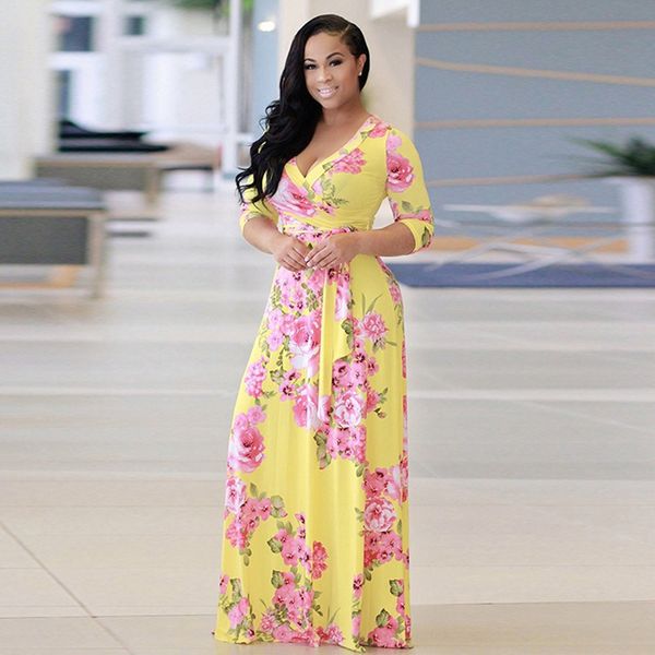 

Elegant V Neck Women Robe Dress Female Loose Maxi Dress Vestidos Large Size 5XL Half Sleeve Floral Print Long Dress