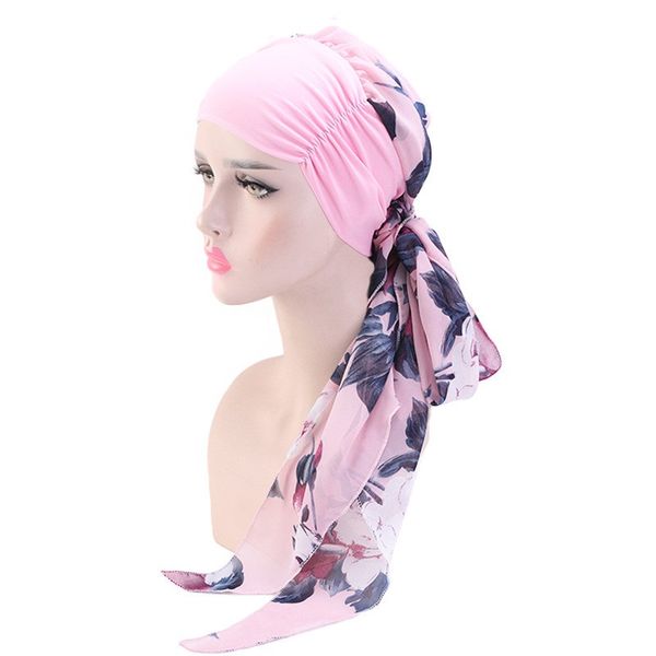 

flower print women muslim hijabs summer chiffon cap elastic headbands cotton turban hat hijabs, Red