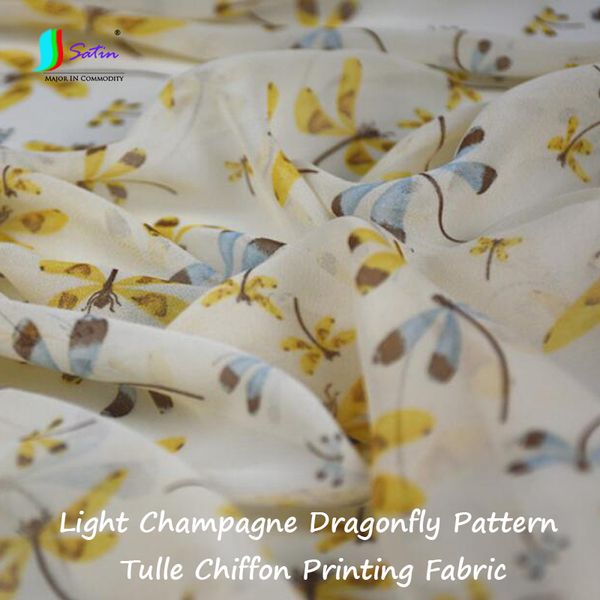 

fabric light champagne spring summer insect series dragonfly pattern tulle chiffon printing shirt dress clothing a0197f, Black;white
