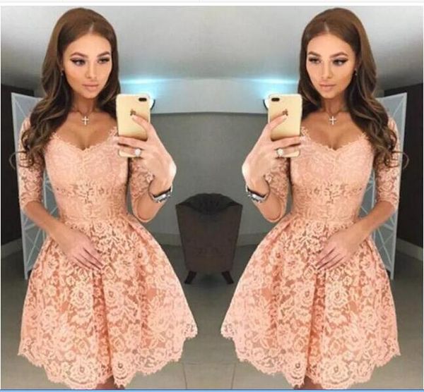 

new sweet v neck full lace short homecoming dresses half sleeves zipper back mini short cocktail party dresses, Red