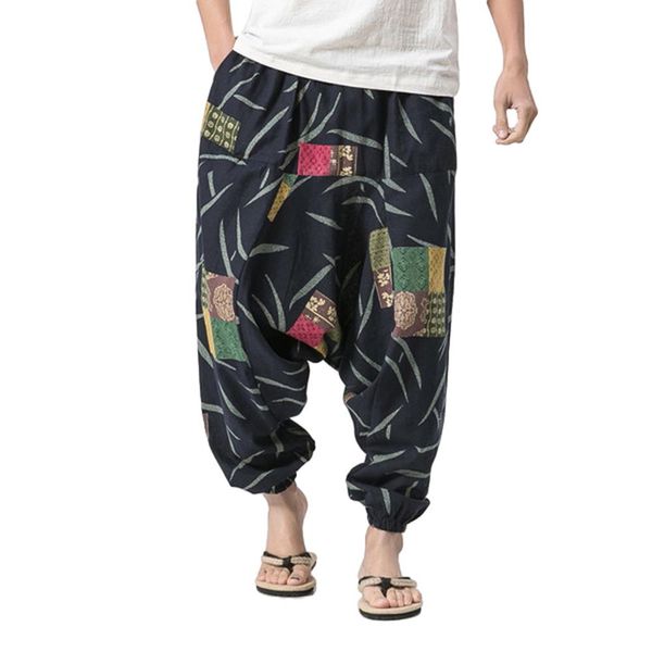 

2019 plus size cotton linen harem pants men joggers cross-pants male summer floral print hawaii beach pants boggy trousers, Black