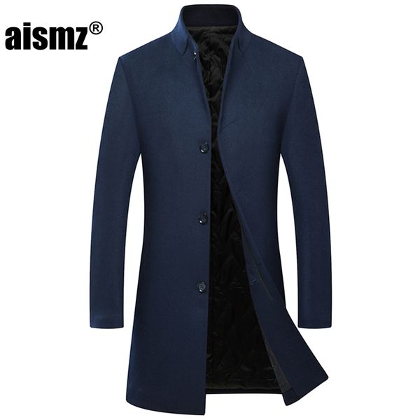 

aismz men winter long single breasted wool overcoat mens thick warm business casual slim casaco masculino jackets trench coat, Black