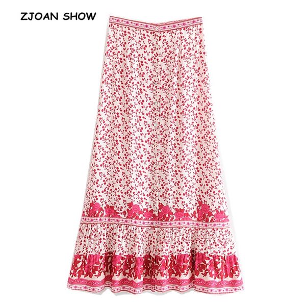 

2019 women bohemian spliced ruffle hem pink plum floral print long skirt ethnic single-breasted maxi long skirts holiday femme, Black