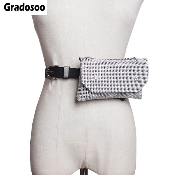 

gradosoo diamond fanny pack for women chain design shoulder bag women waist belt bag female banana fashion belly lbf510