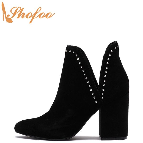 

black woman ankle boots high chunky heels almond toe booties rivets large size 12 15 ladies fashion studded detail shoes shofoo