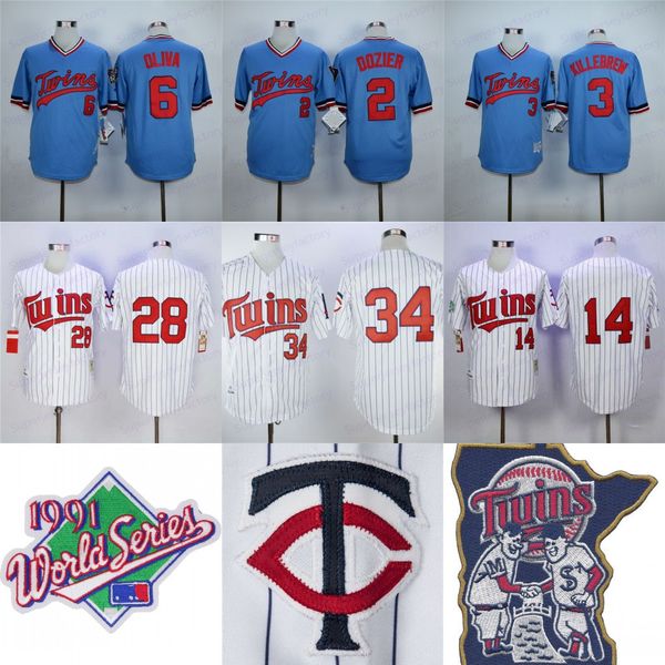 

1991 world 34 kirby puckett jersey mens 28 bert blyleven 14 kent hrbek 7 joe mauer 6 tony oliva 3 killebrew 2 dozier baseball jerseys, Blue;black