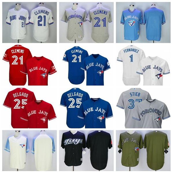 

retire 1992 1993 vintage baseball 25 carlos delgado jersey men 1 tony fernandez 21 roger clemens 37 dave stieb red white blue grey, Blue;black