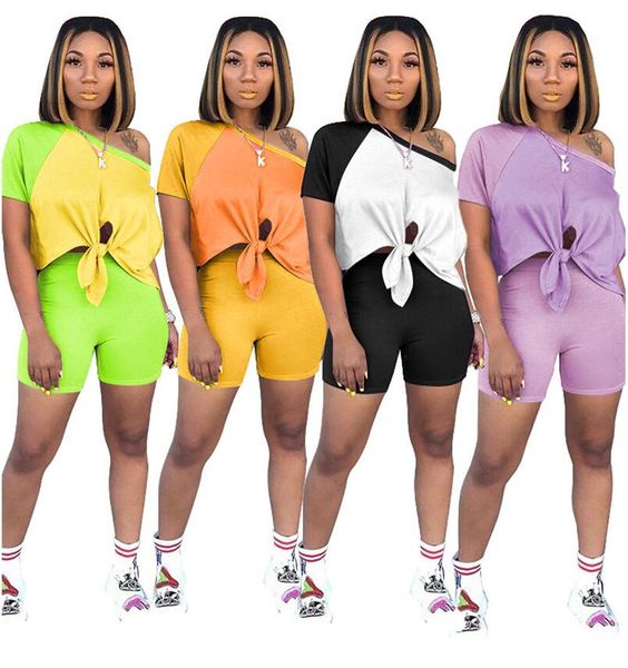 

women sports suit short sleeve crop t shirt shorts set patchwork color two piece outfits tracksuit d6508, White