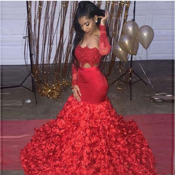 

2019 Aso Ebi Style Prom Dresses 3D Rose Flowers for Women Party Wear Backless Dubai Caftan Red Long Sleeve Two Pieces Evening Gowns