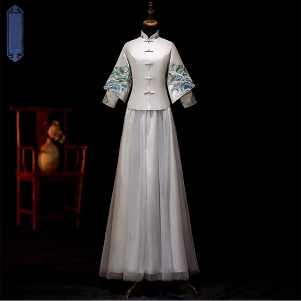 

grey female wedding dress cheongsam satin print flower full length mandarin collar qipao oriental vintage chinese style vestidos, Red