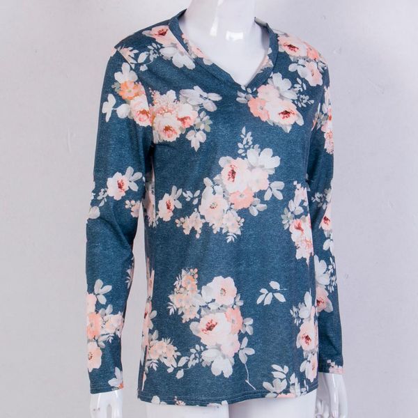 

fashion women summer loose round neck floral print long sleeve t-shirt, White