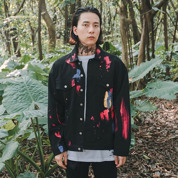 

paint splash vintage wash black denim jacket streetwear hip hop men women jean coat clothing chaqueta, Black;brown