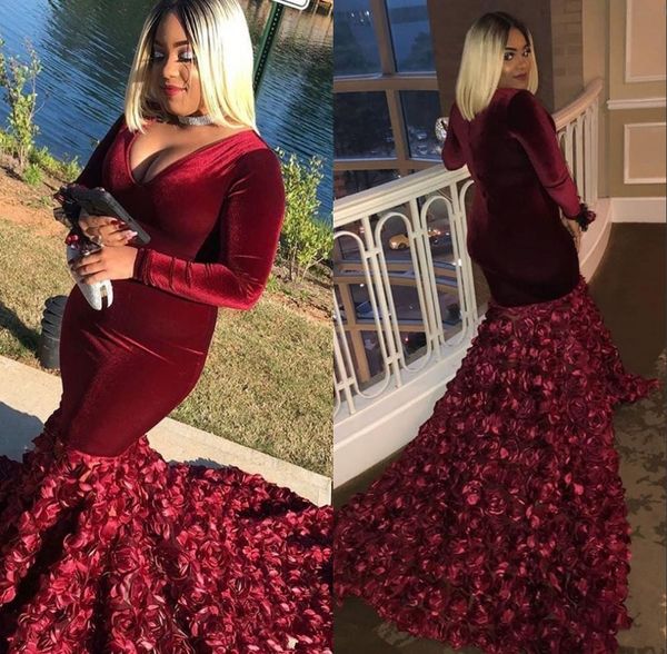 

Bunrgundy Velvet Plus Size Mermaid Prom Dresses 3D Rose Floral Plunging V Neck Long Sleeve Formal Evening Dresses Long robes de soirée
