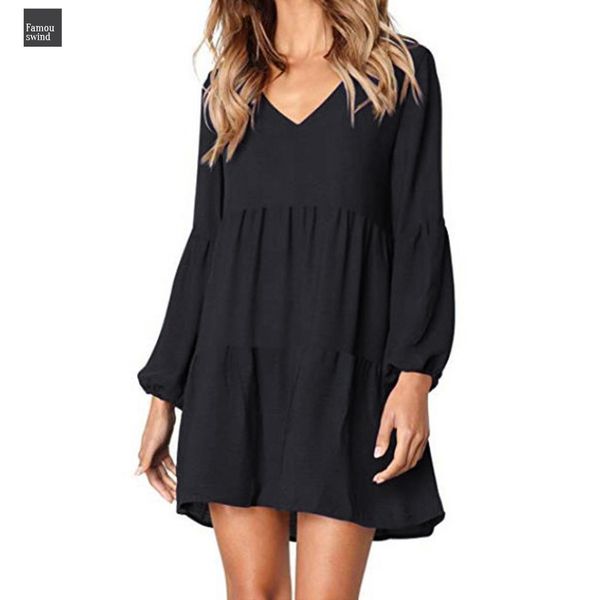 

повседневный сексуальное платье весна лето платье женщин сплошной фонарь длинная партия рукавом платье v образным вырезом до колен дизайнер, Black;gray