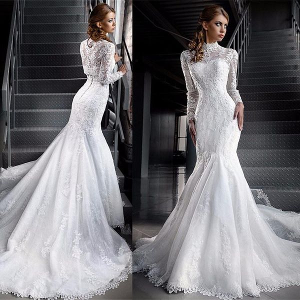 

2020 elegant muslim lace wedding dresses illusion long sleeve high neck lace applique mermaid bridal dress islamic dubai wedding gowns